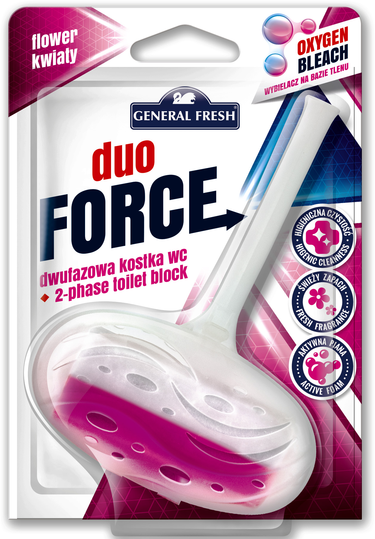 Kostka WC General Fresh Duo Force 40g dwufazowa kwiatowa z uchwytem do muszli.