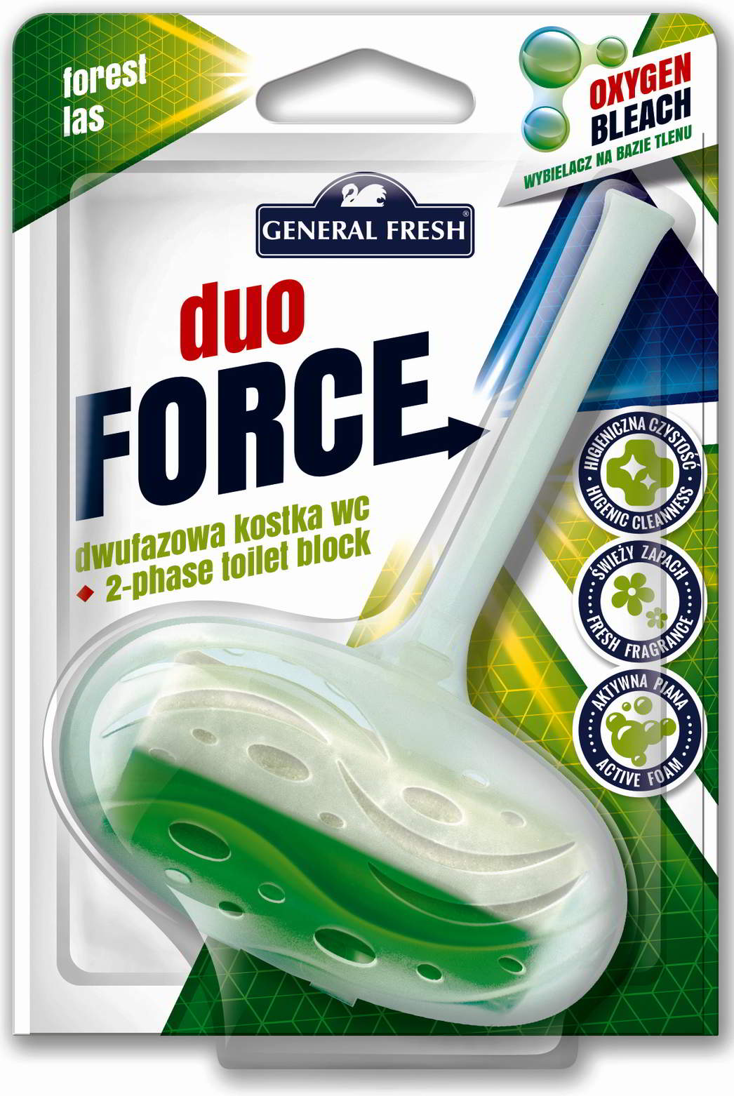 Kostka WC General Fresh DUO FORCE 40g LEŚNY Kostka WC General Fresh DUO FORCE 40g dwufazowa zapachu leśnego w opakowaniu z zawieszką