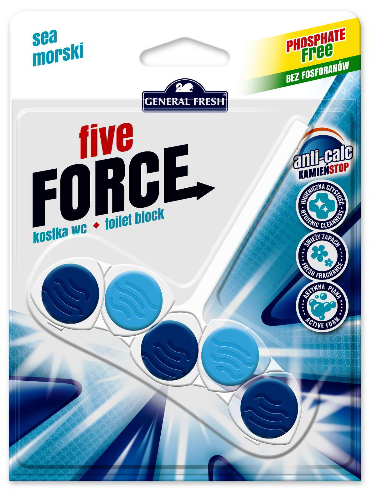 Kostka WC General Fresh Five Force 50g o zapachu morskim, bez fosforanów, zapobiega osadzaniu się kamienia.