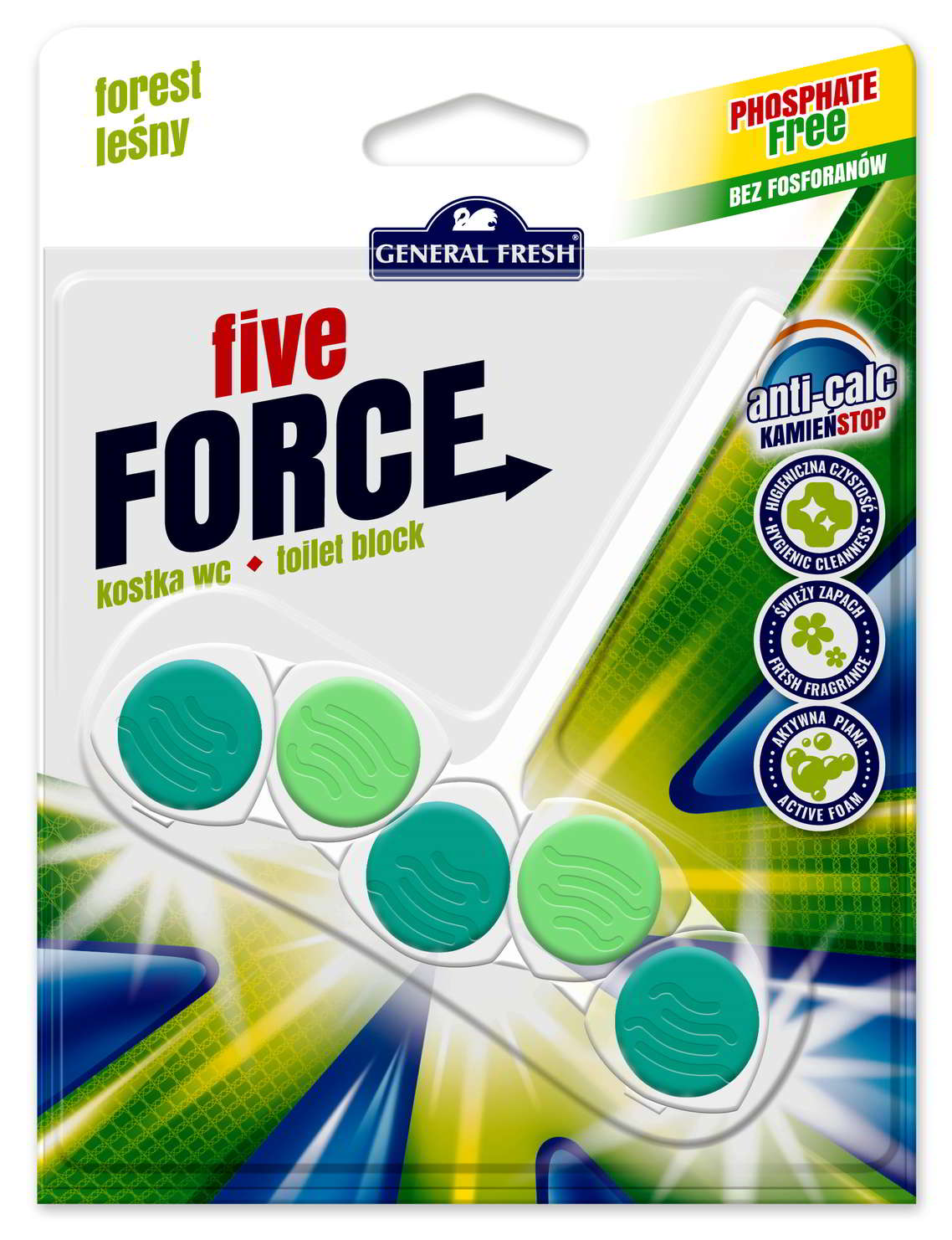 Kostka WC General Fresh Five Force 50g leśny, zestaw pięciu kostek czyszczących w zapachu leśnym