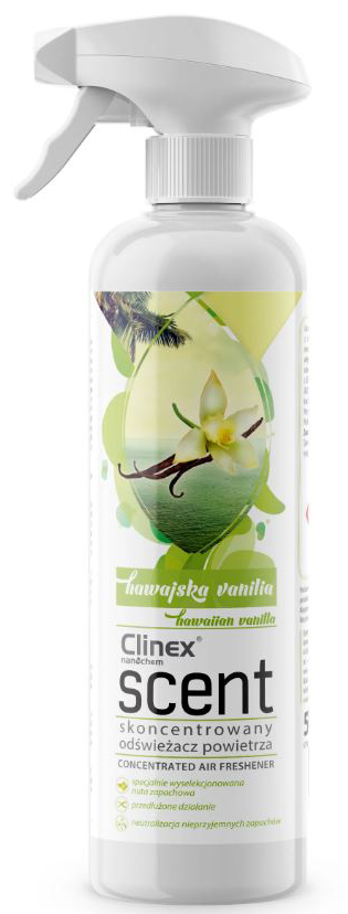 CLINEX Scent 500ml HAWAJSKA WANILIA Odświeżacz powietrza Wysoce skoncentrowany odświeżacz powietrza Clinex Scent jest unikalnym produktem do zastosowania we wszelkiego rodzaju pomieszczeniach. Idealny do odświeżania powietrza w biurach, przestrzeniach dla palących, pokojach gościnnych, toaletach. Unikalna nu...