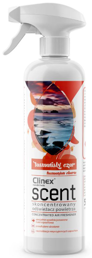 Odświeżacz powietrza CLINEX Scent 500ml Tasmański Czar w butelce ze spryskiwaczem.