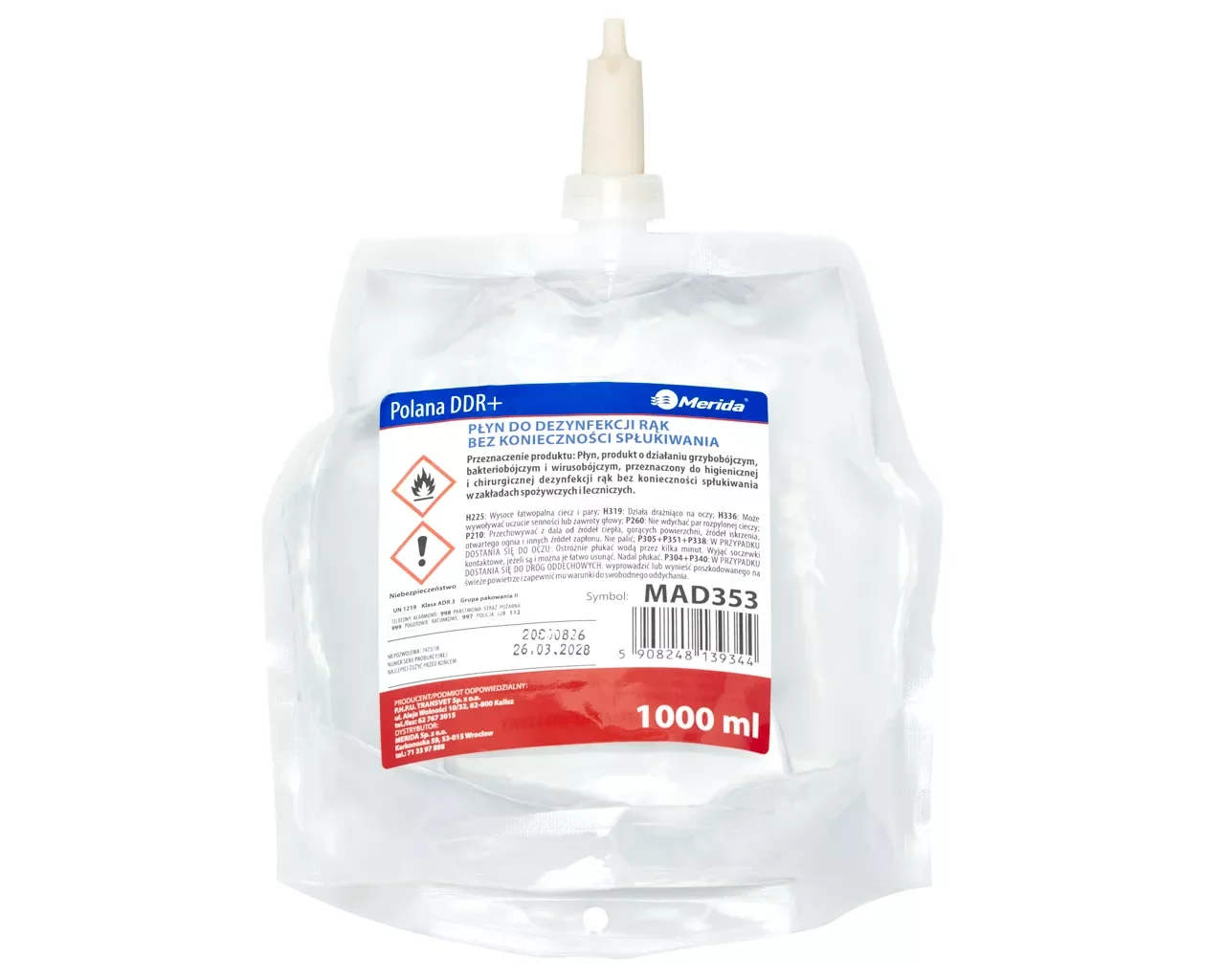 Wkład do dozownika Merida Polana DDR+ płyn dezynfekcyjny 1000ml z pompką w przezroczystym opakowaniu.