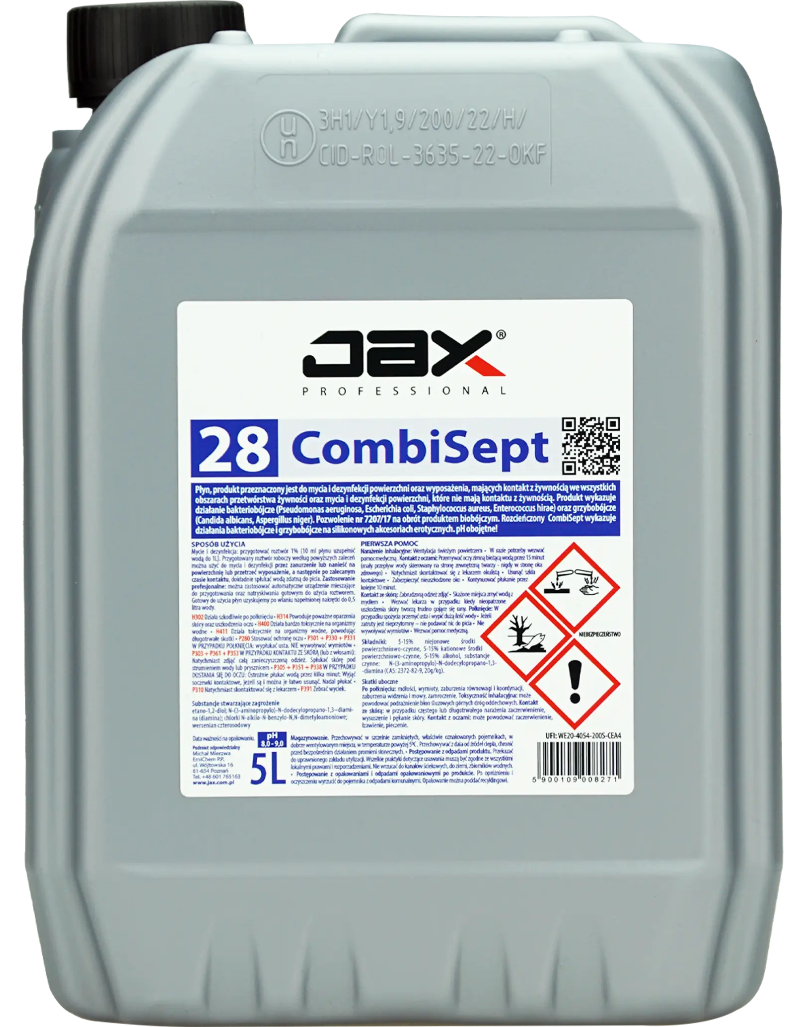 JAX CombiSept do dezynfekcji 5 L w przemyśle spożywczym powierzchni i wyposażenia KONCENTRAT 1= 50L JAX CombiSept 28 koncentrat dezynfekujący 5L do dezynfekcji powierzchni w przemyśle spożywczym