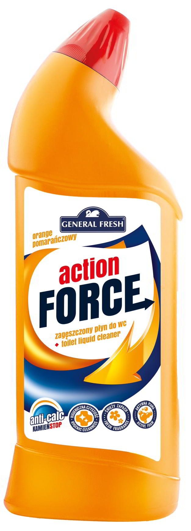 Płyn do WC General Fresh Action Force 1L pomarańcza w butelce z przyciskiem.