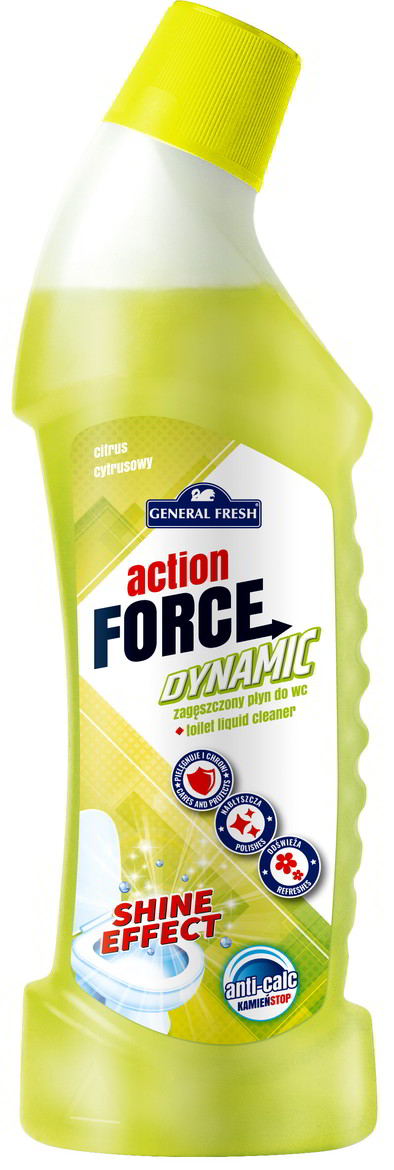 Płyn do WC General Fresh ACTION GEL FORCE 1L CYTRUSY Płyn do WC General Fresh Action Force 1L cytrynowy żel czyszczący w butelce z żółtą etykietą