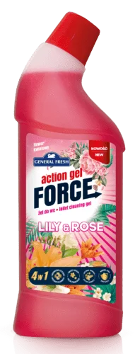 Płyn do WC General Fresh Action Gel Force 1L o zapachu kwiatowym w różowej butelce z aplikatorem.