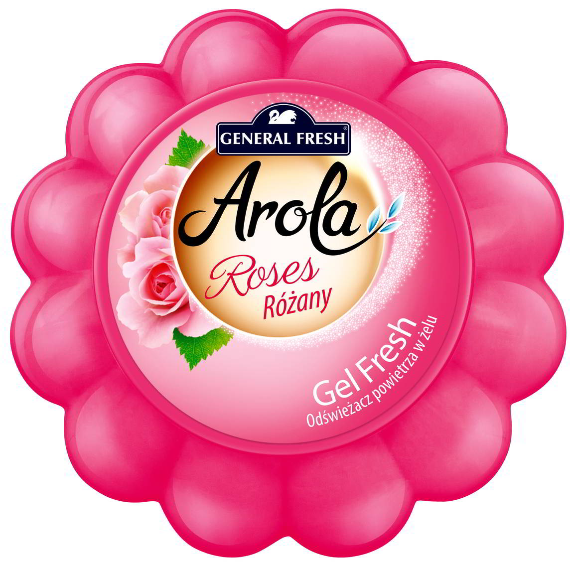 Odświeżacz General Fresh Arola żel 150g o zapachu róży w różowym opakowaniu kwiatowym.