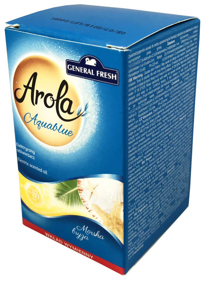 Wkład do elektrycznego odświeżacza powietrza General Fresh Arola o zapachu morskiej bryzy 25ml w niebieskim opakowaniu.