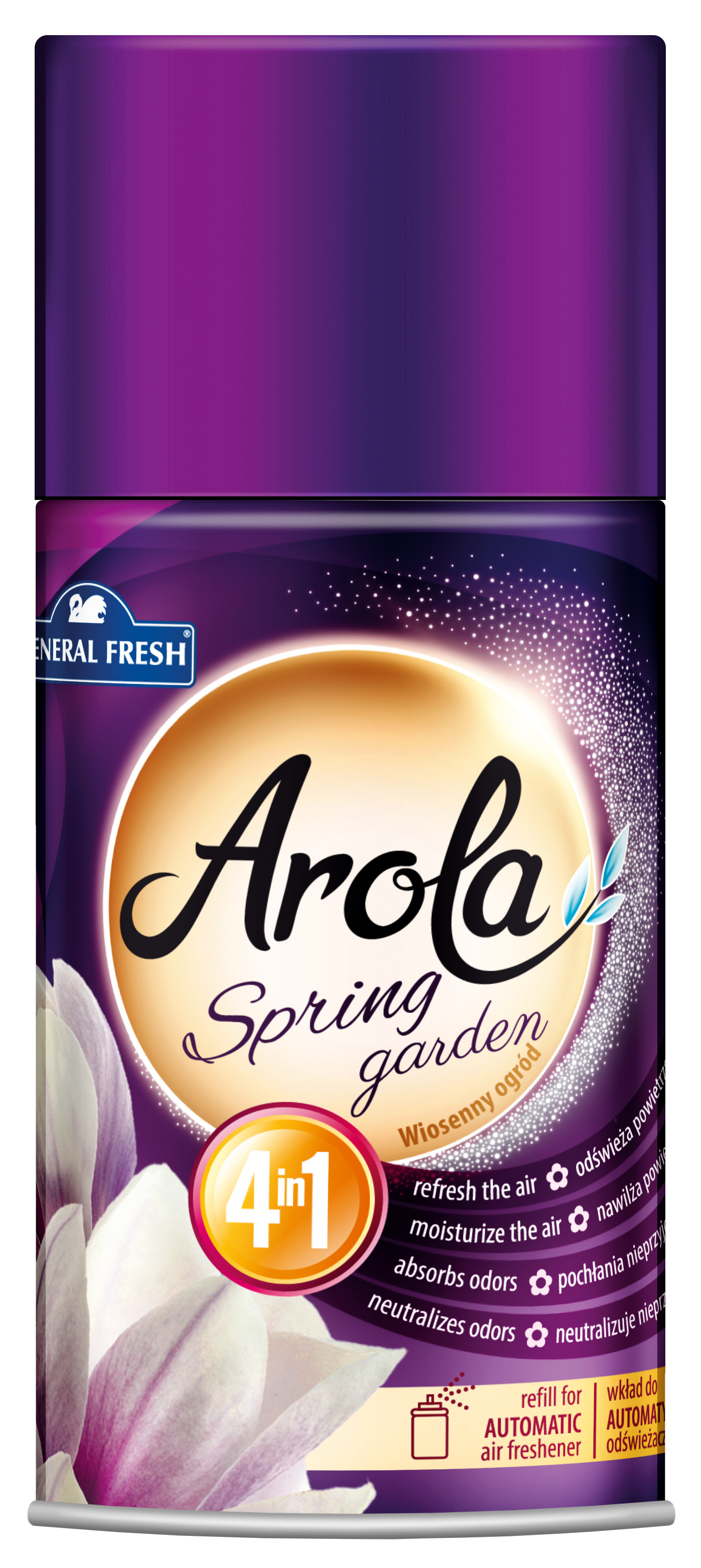 Odświeżacz General Fresh Arola wkład do automatu 250ml zapach wiosenny ogród w fioletowym opakowaniu.