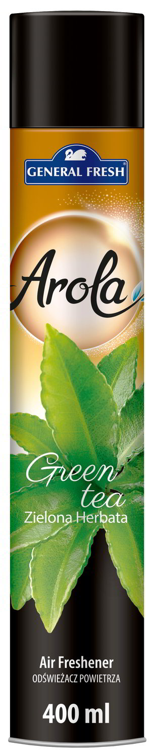Odświeżacz General Fresh SPRAY 400mlZIELONA HERBATA Odświeżacz General Fresh Arola spray 400ml zielona herbata, opakowanie aerozolu z czarnym wieczkiem i etykietą w odcieniach złotym i zielonym.