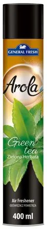 Odświeżacz General Fresh SPRAY 400mlZIELONA HERBATA Odświeżacz General Fresh Arola spray 400ml zielona herbata, opakowanie aerozolu z czarnym wieczkiem i etykietą w odcieniach złotym i zielonym.