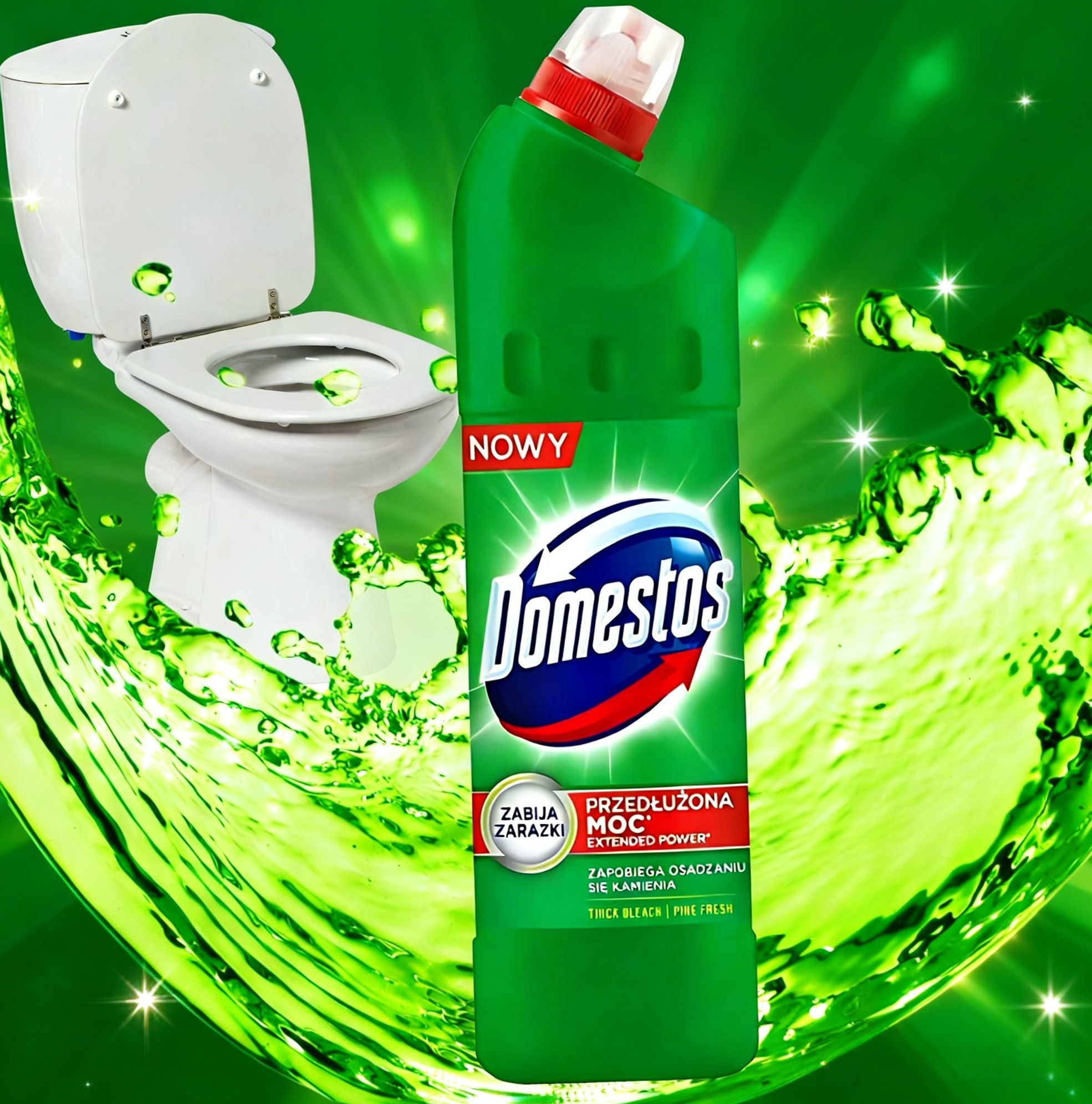 Domestos 1000ml Pine Fresh zielony płyn z muszlą klozetową na zielonym tle aranżacyjnym.