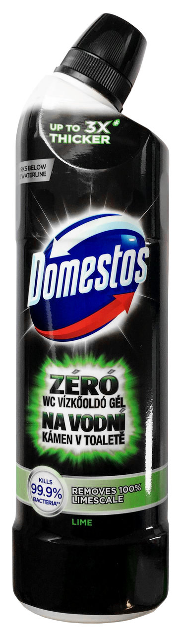 Domestos Zero Lime 750 ml, żel do czyszczenia WC w czarnej butelce z zieloną etykietą.