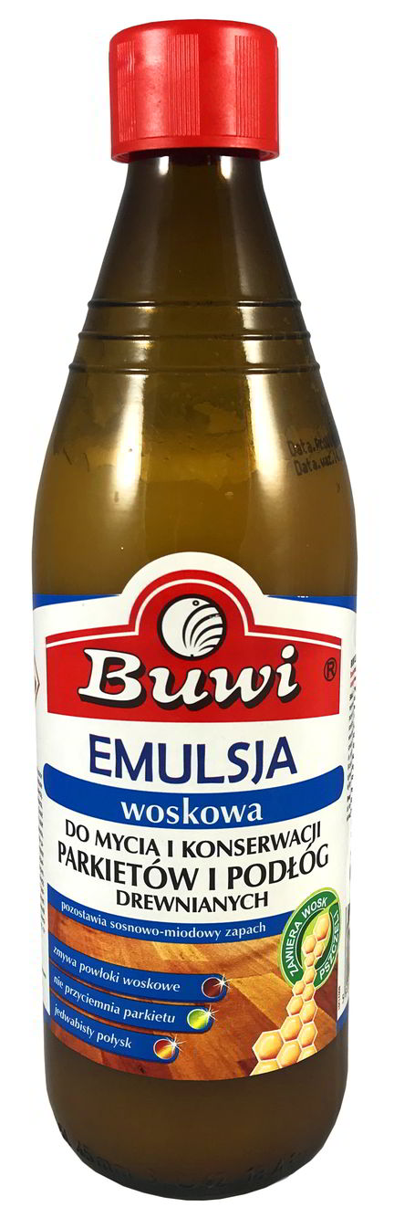 BUWI Emulsja woskowa do podłóg drewnianych 440ml w butelce z czerwoną zakrętką.