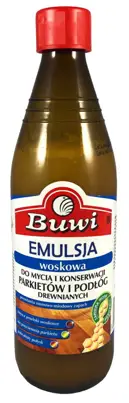 BUWI Emulsja woskowa do podłóg drewnianych 440ml w butelce z czerwoną zakrętką.