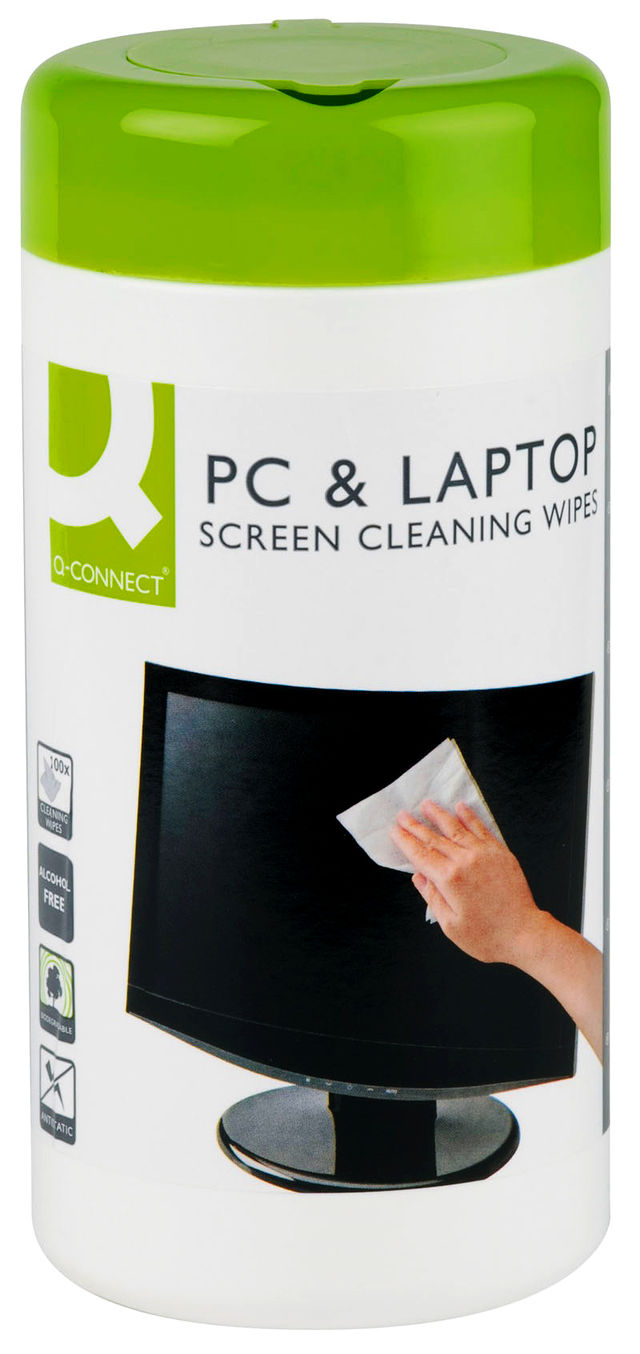 Ściereczki do czyszczenia monitorów Q-Connect PC & Laptop Screen Cleaning Wipes 100 sztuk w tubie z zielonymi wieczkami