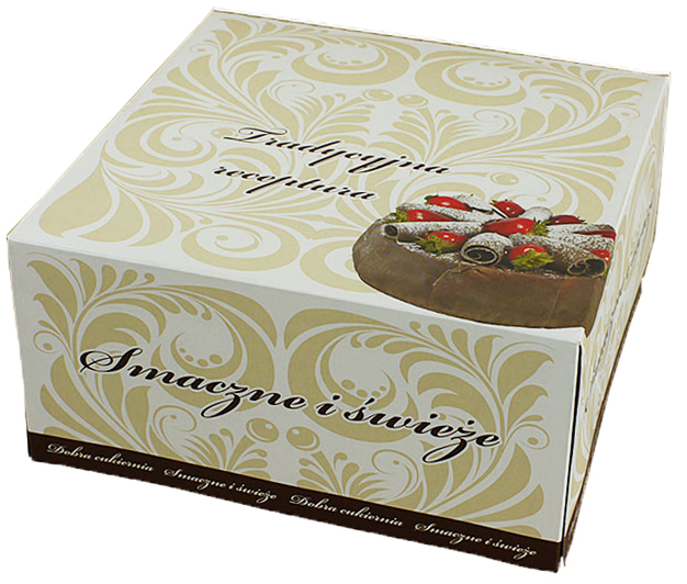 Karton na tort 22x22x11 cm jednoczęściowy bez okna z ornamentami, biały z złotym wzorem i zdjęciem tortu