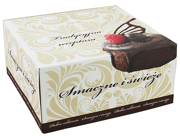 Karton na tort 25x25x12 cm jednoczęściowy bez okna z ornamentami i napisem Smaczne i świeże