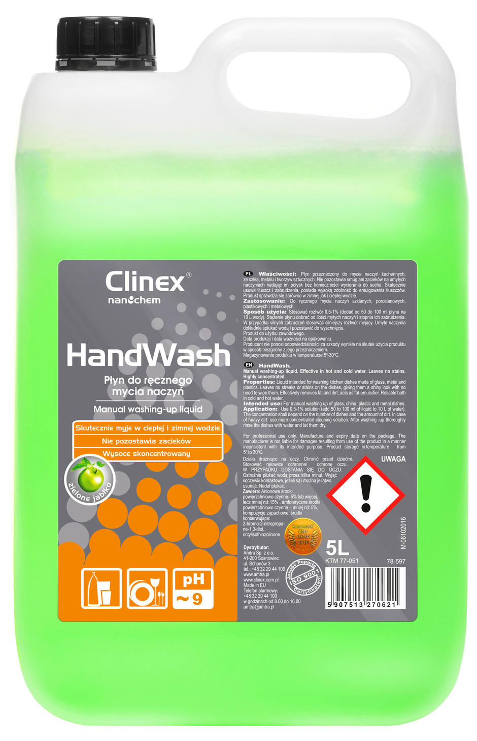 CLINEX Hand Wash 5L płyn do ręcznego mycia naczyń w zielonym kolorze z zapachem zielonego jabłuszka