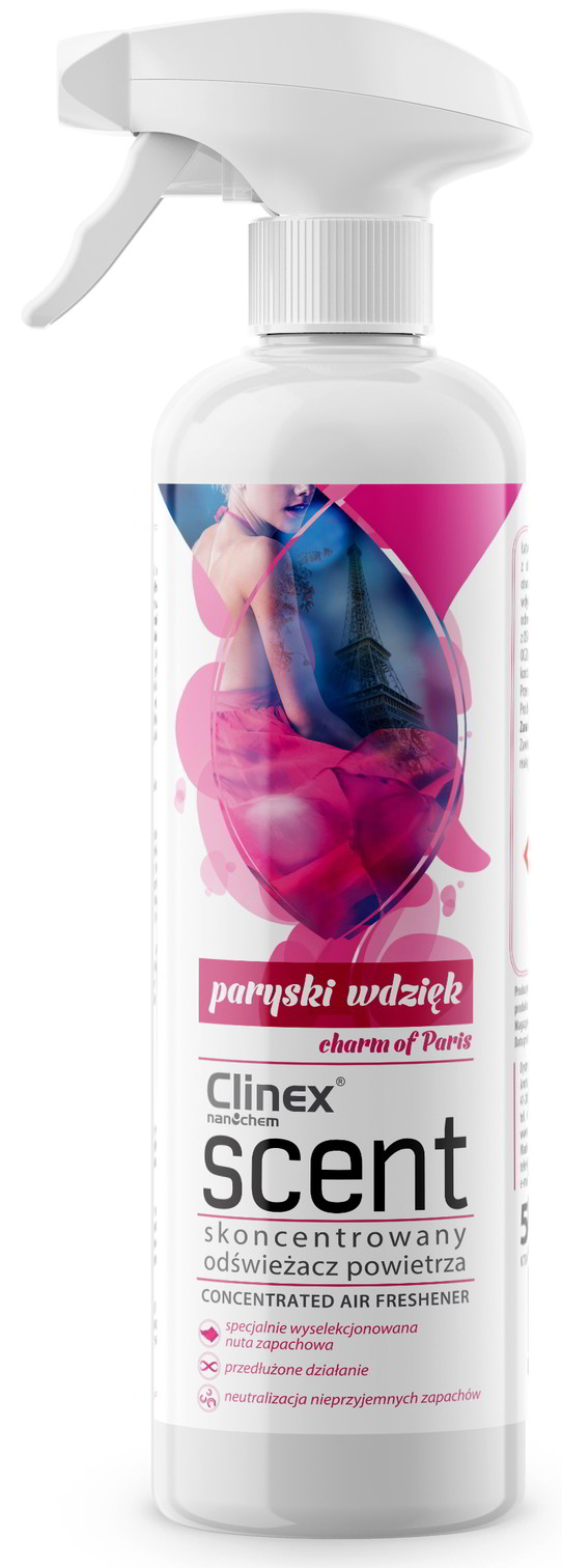 CLINEX Scent 500ml PARYSKI WDZIĘKOdświeżacz powietrza Wysoce skoncentrowany odświeżacz powietrza Clinex Scent jest unikalnym produktem do zastosowania we wszelkiego rodzaju pomieszczeniach. Idealny do odświeżania powietrza w biurach, przestrzeniach dla palących, pokojach gościnnych, toaletach. Unikalna nu...