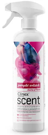 CLINEX Scent 500ml PARYSKI WDZIĘKOdświeżacz powietrza Wysoce skoncentrowany odświeżacz powietrza Clinex Scent jest unikalnym produktem do zastosowania we wszelkiego rodzaju pomieszczeniach. Idealny do odświeżania powietrza w biurach, przestrzeniach dla palących, pokojach gościnnych, toaletach. Unikalna nu...
