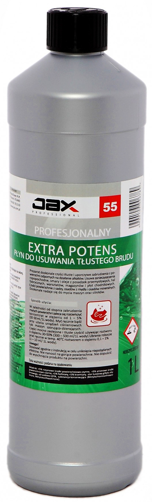 JAX Extra Potens płyn do usuwania tłustego brudu 1l w butelce z czarną zakrętką i zieloną etykietą