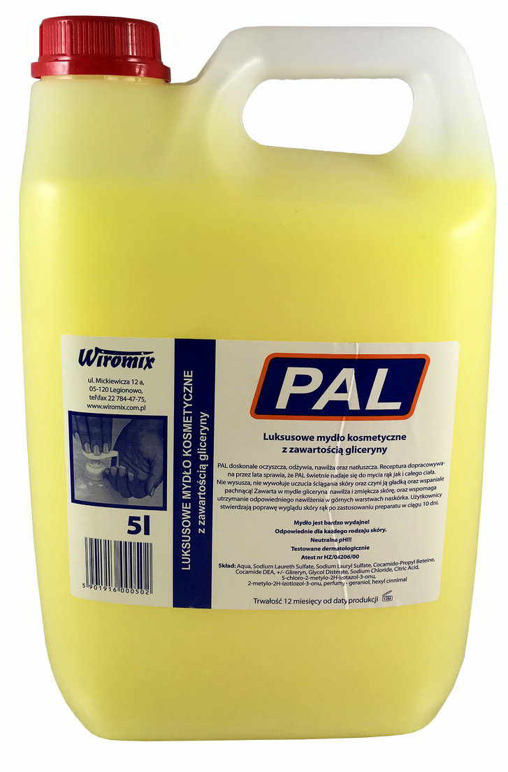Mydło w płynie PAL Glicerynowe 5L ŻÓŁTE greipfrut-mandarynka Luksusowe mydło do mycia ciała PAL doskonale oczyszcza, odżywia, nawilża oraz natłuszcza. Receptura dopracowywana przez lata sprawia, że PAL świetnie nadaje się do mycia rąk, jak i całego ciała. Nie wysusza, nie wywołuje uczucia ściągania skóry, czyni ...