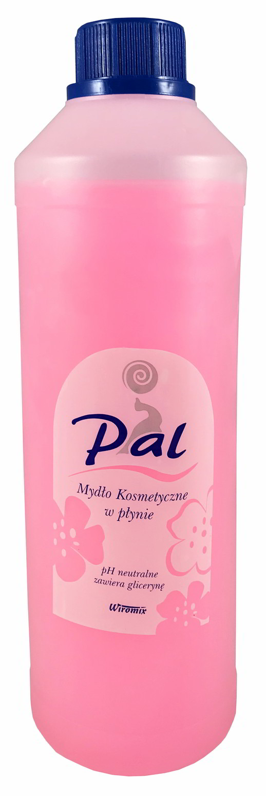 Mydło w płynie PAL Glicerynowe 1L różowe o zapachu poziomki w plastikowej butelce z niebieskim zakrętką.
