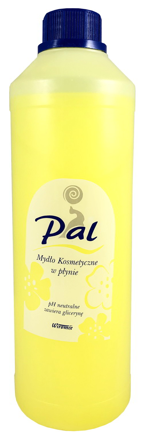 Mydło w płynie PAL Glicerynowe 1L żółte o zapachu grejpfruta i mandarynki w butelce z niebieską nakrętką.