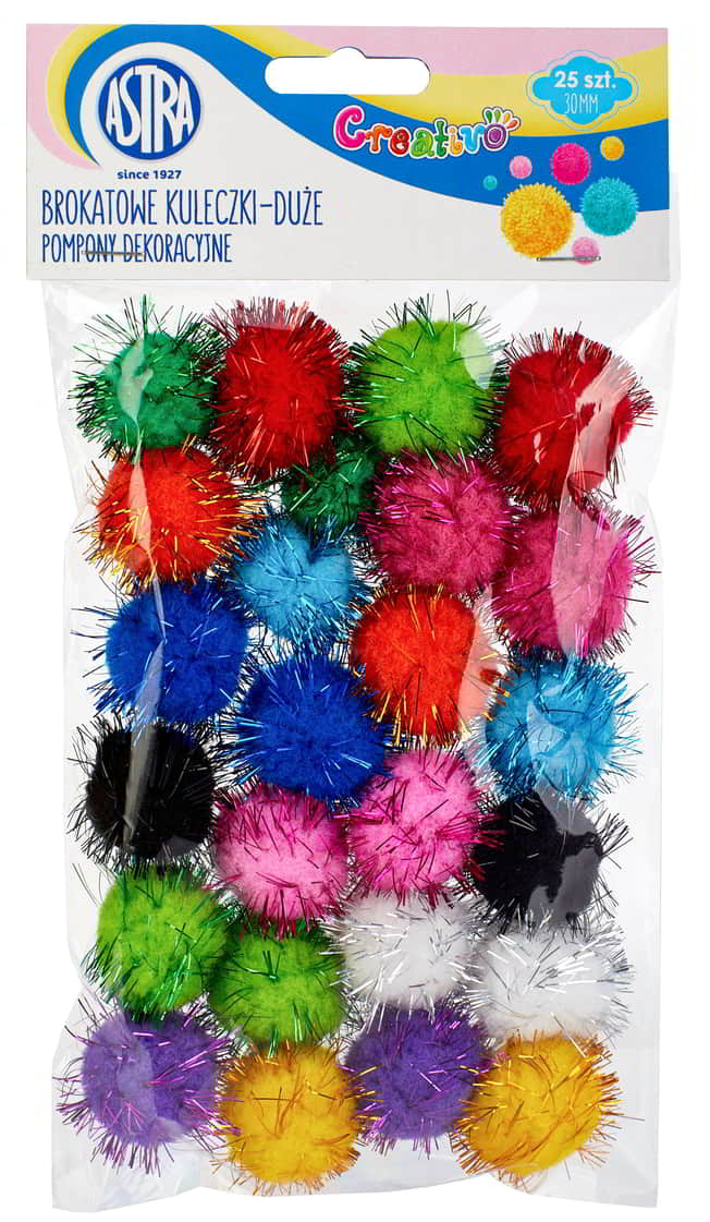 Pompony POM06 Pompony dekoracyjne brokatorowe mix kolorów 10mm, opakowanie 25 sztuk Astra Creativo