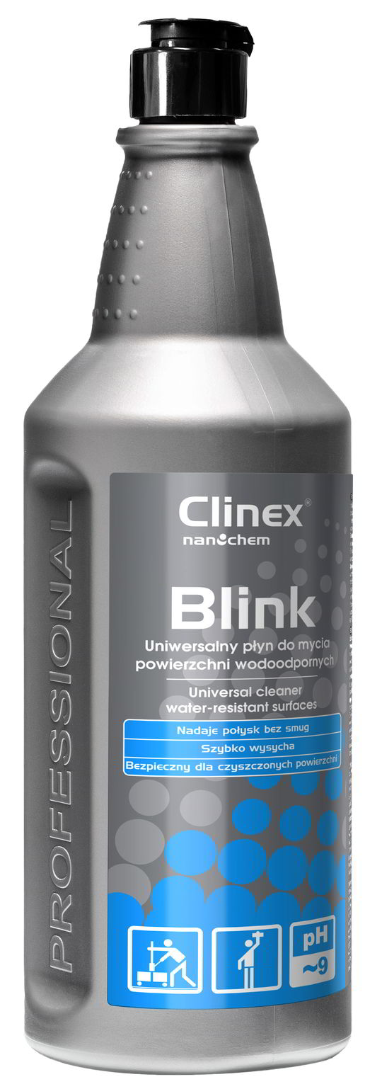Płyn do mycia CLINEX BLINK 1l uniwersalny do powierzchni wodoodpornych, butelka z czarnym rozpylaczem.