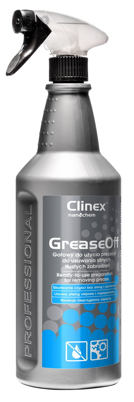 CLINEX GreaseOff 1L Gotowy preparat do usuwanie tłustych zabrudzeń Produkt posiada bardzo dobre właściwości odtłuszczające. Doskonale rozpuszcza tłuszcze, smary na wszelkich typach powierzchni zmywalnych. Nie pozostawia smug i zacieków. Może być stosowany zarówno do czyszczenia silników i usuwania plam powstałych na s...