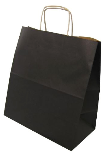 Torba papierowa klockowa czarna 30x17x42 cm ze skręcanymi uchwytami papierowymi.