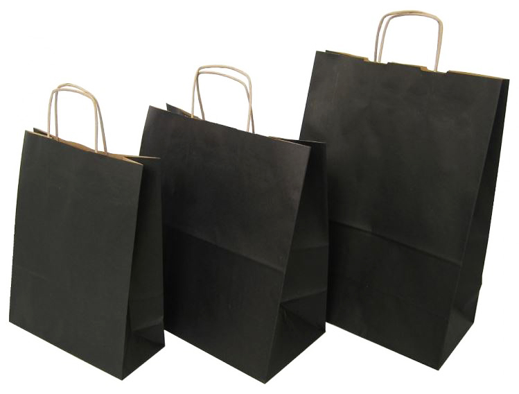 Torba papierowa klockowa czarna 30x17x42 cm ze skręcanymi uchwytami papierowymi, widok trzech rozmiarów.
