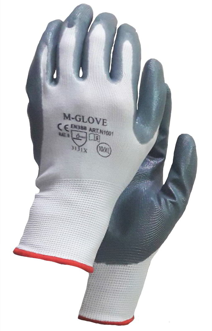 Rękawice ochronne M-GLOVE biało-szare XL z dzianiny powlekane nitrylem, jedna para.