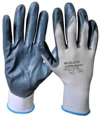 Rękawice ochronne BIAŁO-SZARE 1 para 10/XL z dzianiny poliestrowej powlekane nitryle Rękawice ochronne z białej elastycznej dzianiny poliestrowej, bez szwów, powlekane w części chwytnej szarym nitrylem. Rękawice zakończone są elastycznym ściągaczem.
Rozmiar: XL/10