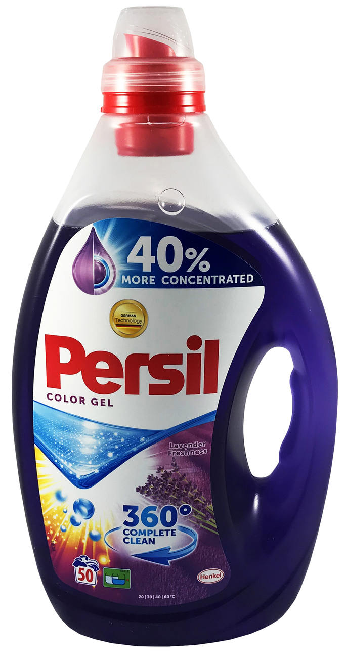 Żel do prania Persil Color Gel Lavender 2,5L do tkanin kolorowych na 50 prań, butelka z pompką czerwono-białą