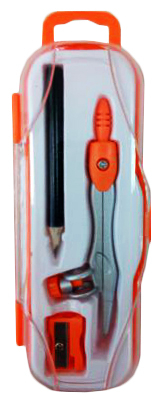 Metalowy cyrkiel z ołowkiem. W komplecie ołówek oraz temperówka. Całość znajduje się  w kolorowym etui z zawieszką.