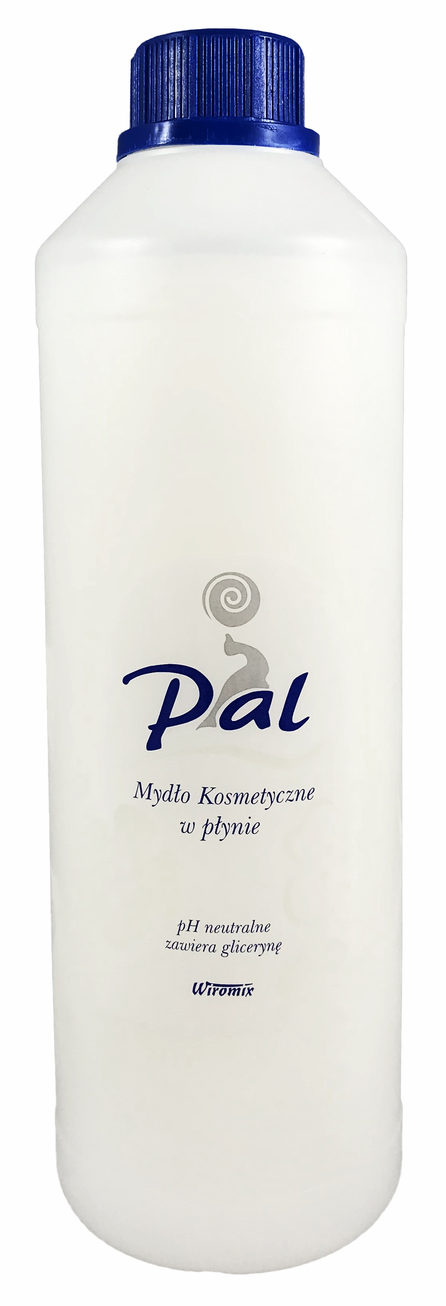 Mydło w płynie PAL Glicerynowe 1L białe z niebieską zawieszką, do mycia rąk i ciała, opakowanie butelka