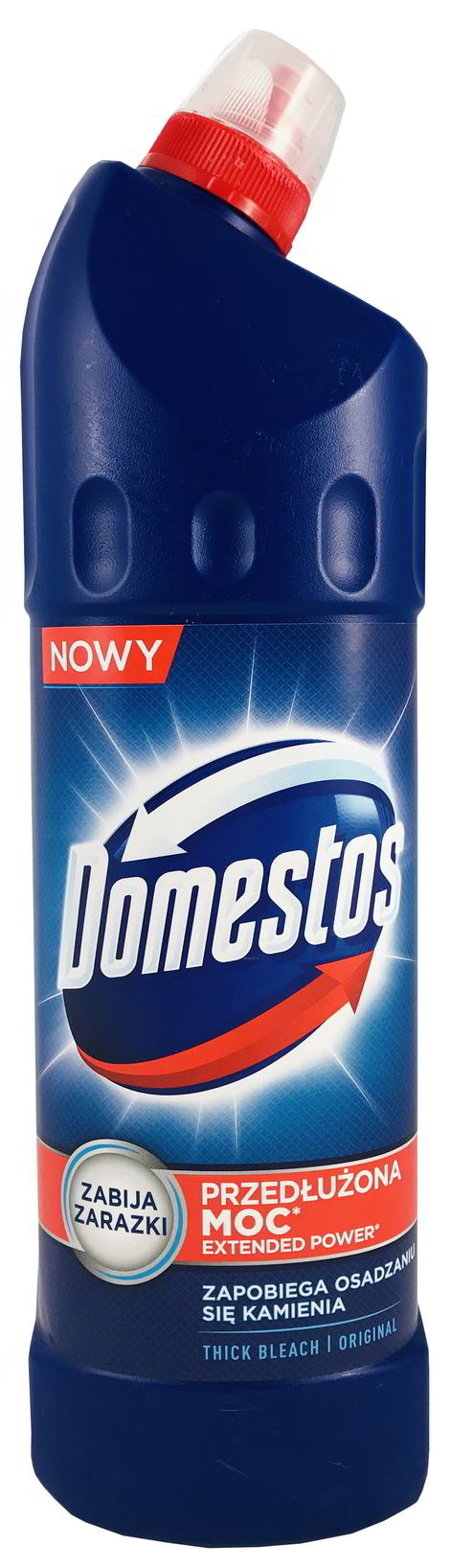 Domestos 1250 ml Original Fresh płyn czyszczący do WC w butelce z dozownikiem, granatowe opakowanie.