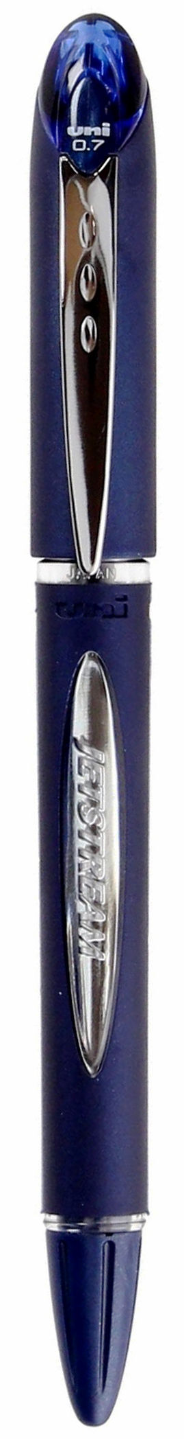 Długopis kulkowy UNI SX-217 z niebieskim korpusem i grubością linii 0,7 mm.