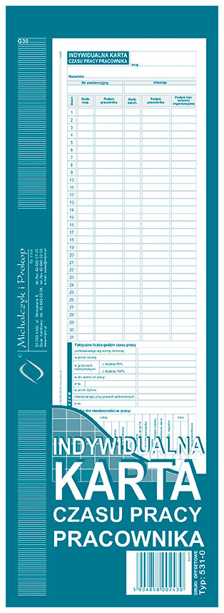 DR Indyw.Karta Czasu pracy pracow.531-0 Druki akcydensowe przeznaczone do wypełniania, wykorzystywane w czynnościach urzędowych, handlowych. Niezbędne w funkcjonowaniu firm, urzędów i innych jednostek zgodnie z obowiązującymi normami prawnymi.