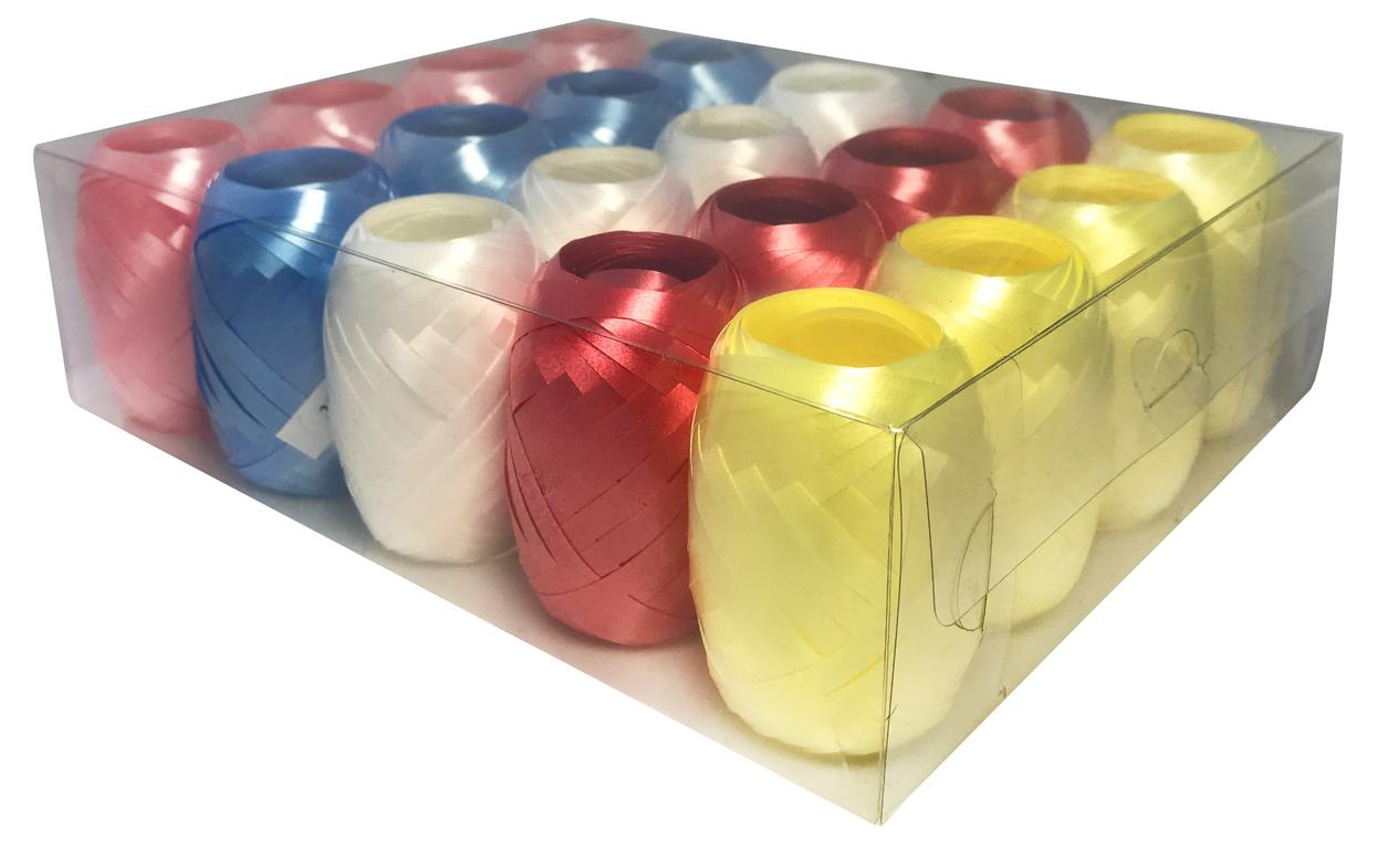 Wstążka Kokon matowy pastel 20m w kolorach róż, błękitu, śmietanki, bordó i żółci w przezroczystym pudełku.