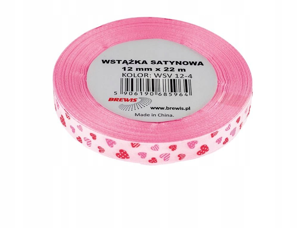 Wstążka satynowa 12mm x 22m w kolorze różowym z wzorem serc.