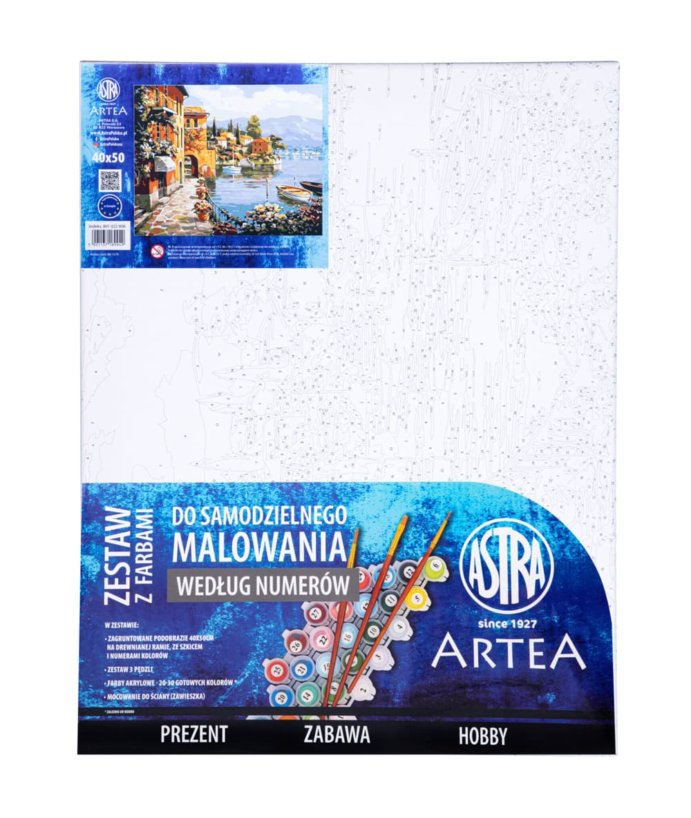 Obraz malowany po numerach o wymiarach 40x50 cm. Szkic przedstawia wyraźnie wytyczone linie i detale, co ułatwia proces malowania. Zestaw farb składa się z 24 różnych kolorów, które są oznaczone numerem, co pozwala na łatwe odnalezienie odpowiedniego k...