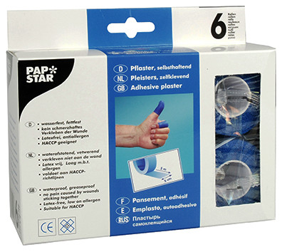 Plaster samoprzylepny 5cm x 5m niebieski PAP STAR, opakowanie z rolkami w pudełku.