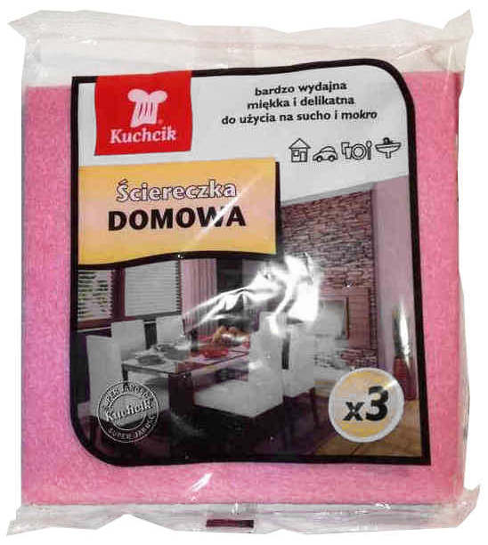 Ścierka domowa Kuchcik 3 szt Domowa ścierka uniwersalna do użycia na mokro i sucho. Nadaje się do wycierania kurzu i innego brudu z różnych powierzchni. Cechy ściereczki:
*Czyści szybko i skutecznie
*Jest miękka i delikatna
*łatwa do spłukiwania
*Wyjątkow...