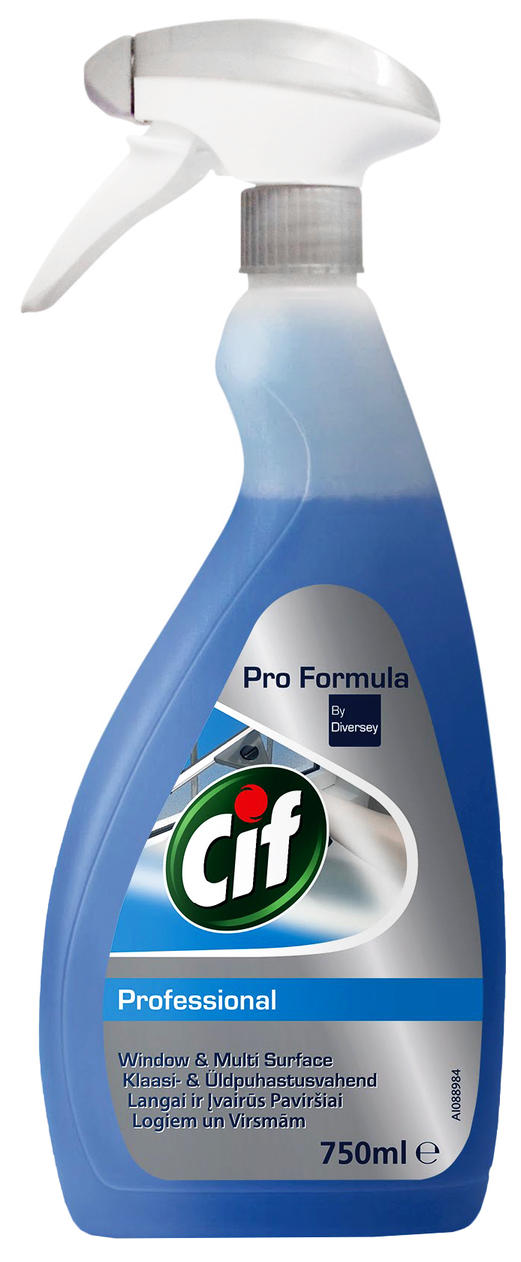 Płyn do szyb CIF Glass & Multi Surface 750ml Professional w butelce ze spryskiwaczem, niebieski.