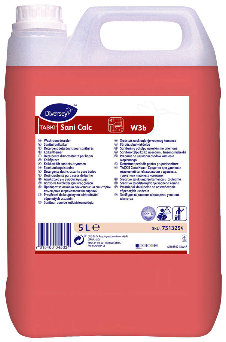 Płyn do łazienki TASKI Sani Calc 5L do usuwania kamienia wapiennego, opakowanie kanister różowe.